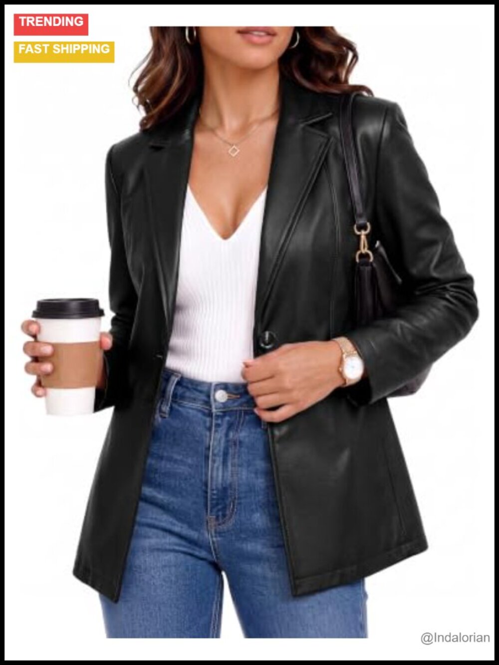 Faux Leather Blazer Dress Suit Jacket Lightly Fitted Women Work Layer